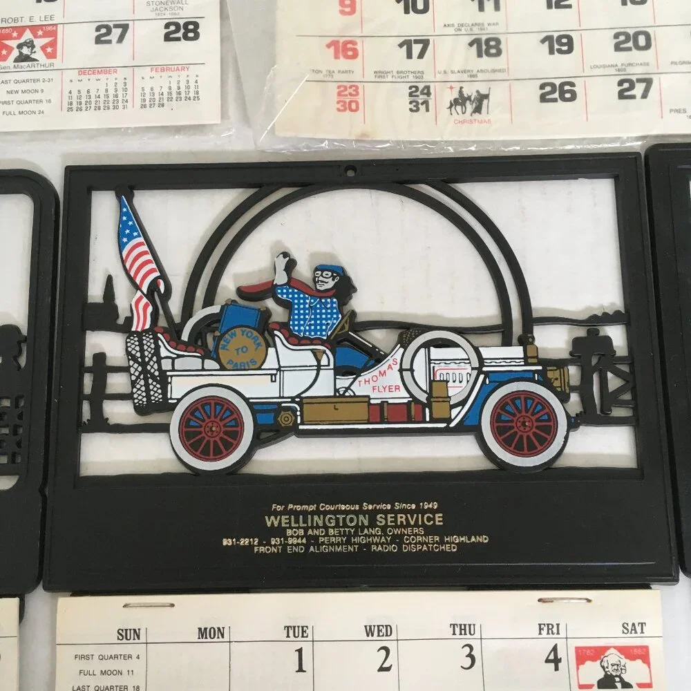 Vintage car service place calendar lot plastic cut out tops old cars silhouette